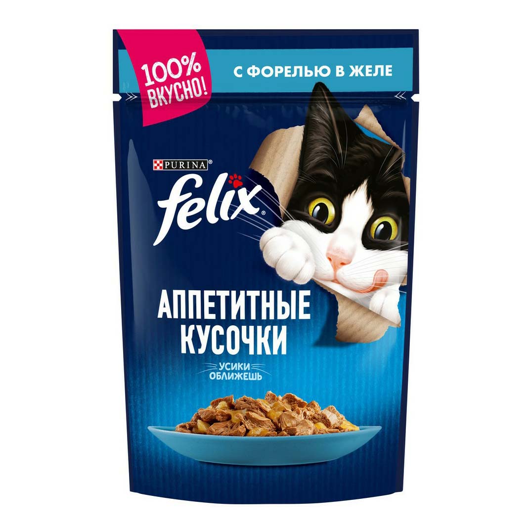 

Влажный корм для кошек Felix Аппетитные кусочки с форелью в желе 85 г