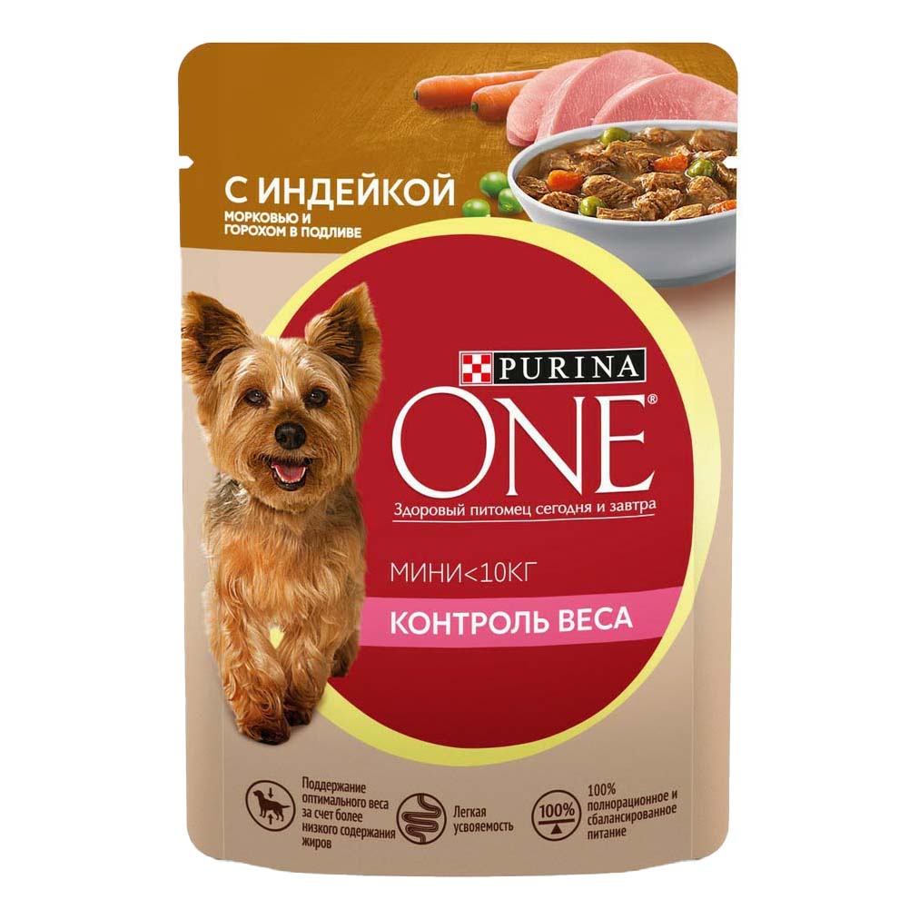 Влажный корм для собак Purina One Мини Контроль веса индейка морковь горох 85 г 45₽