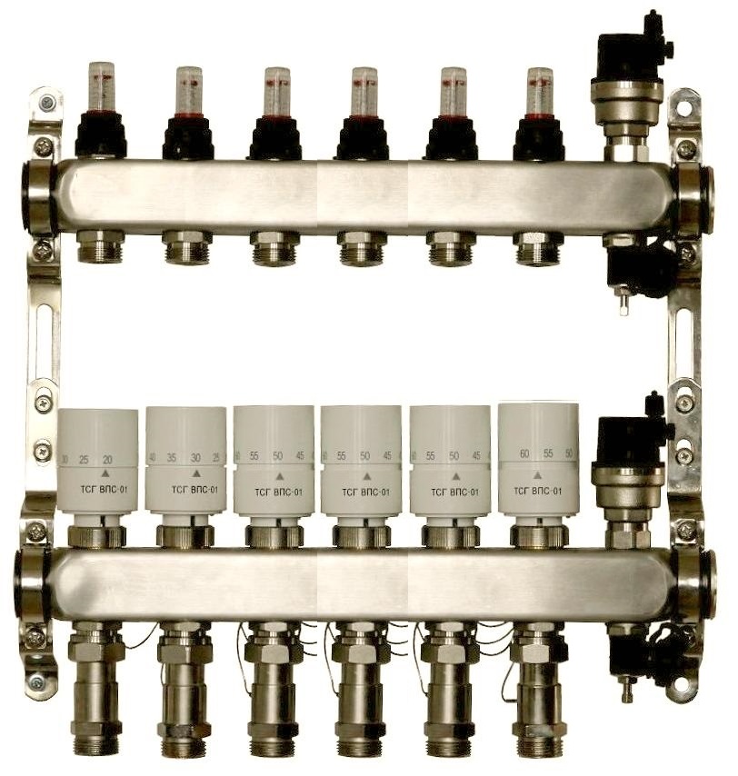 Коллекторная группа с термоголовками ТСГ ВПС на 6 выходов с расходомерами ВТП ТТ 0106