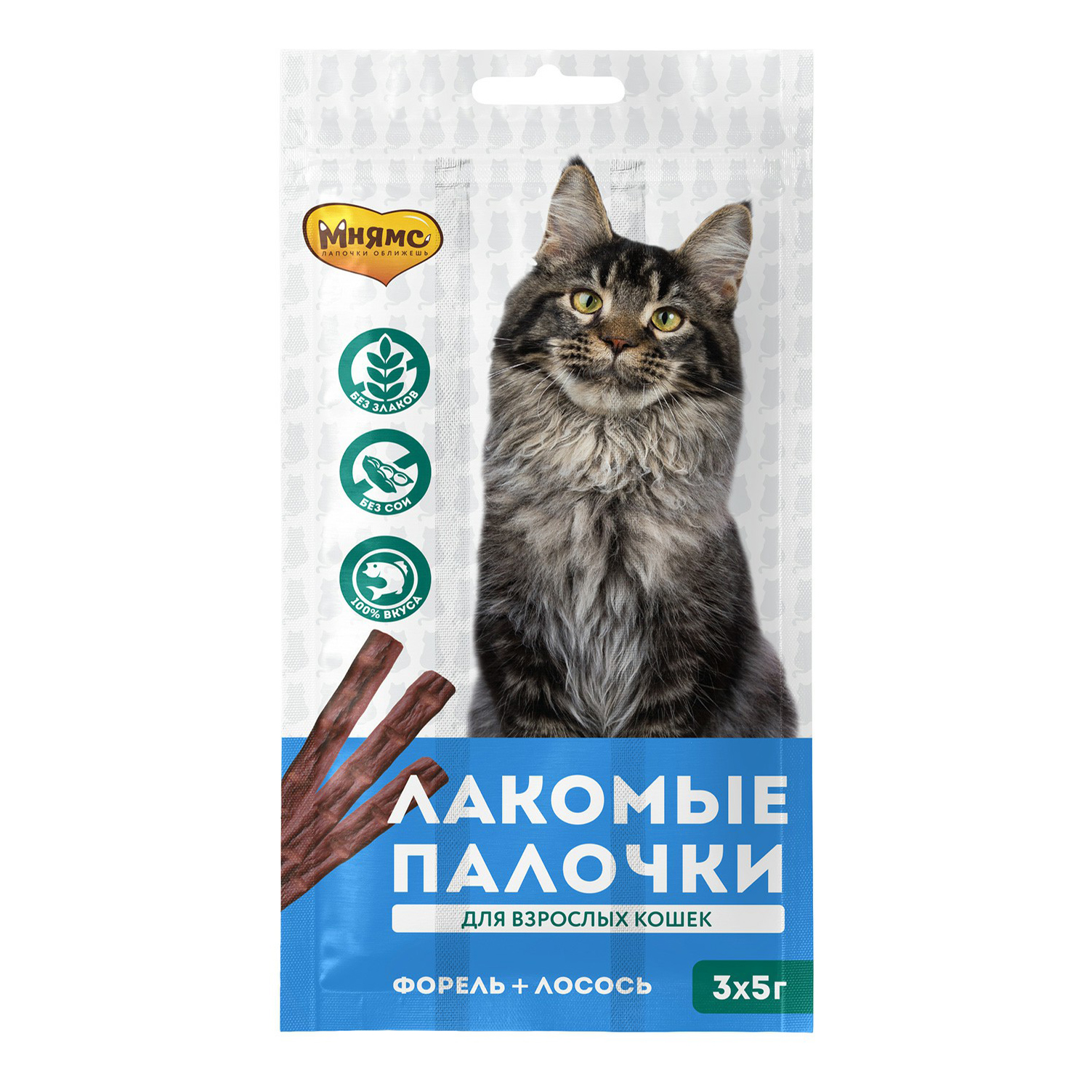

Лакомство для кошек Мнямс Лакомые палочки с лососем и форелью 3 шт по 5 г