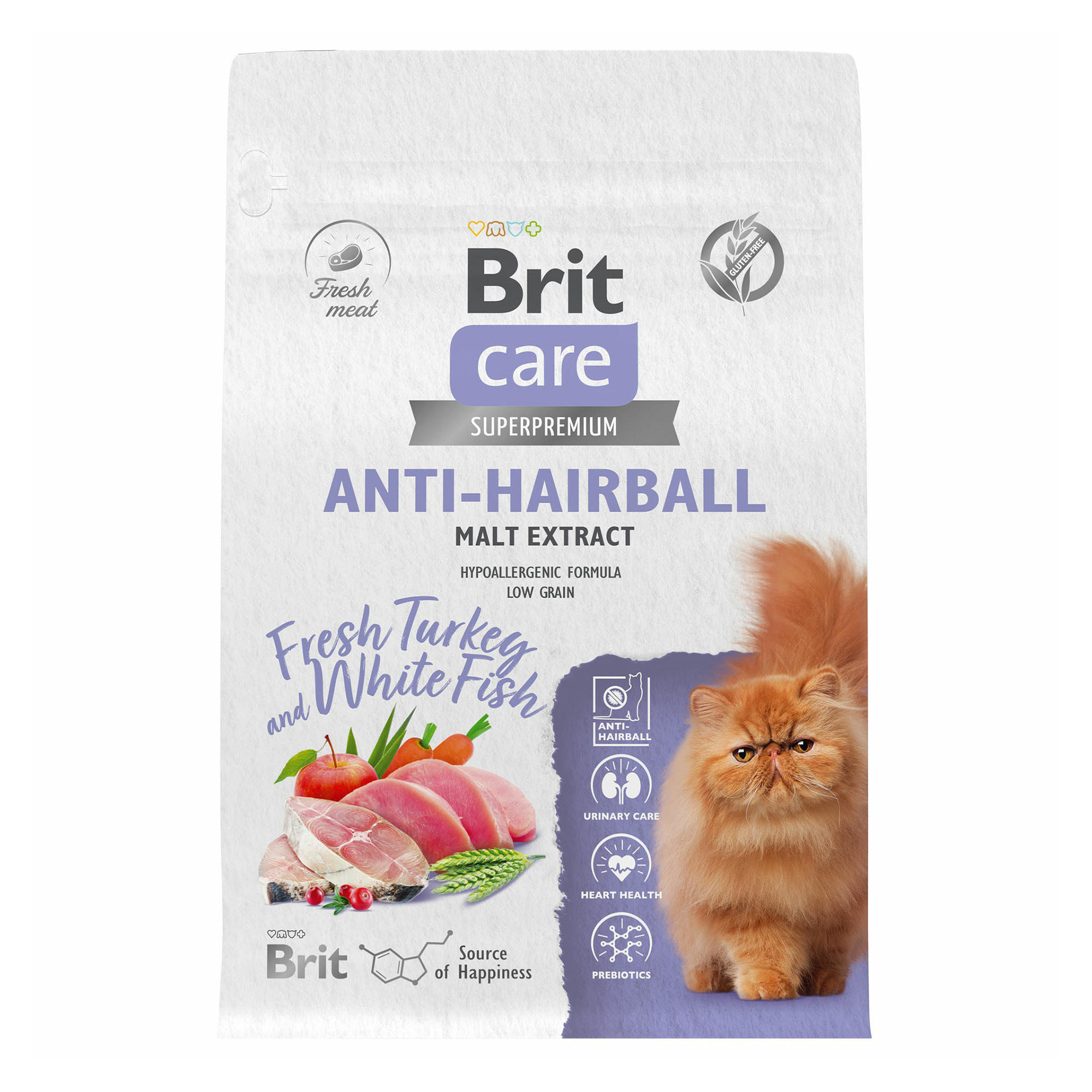 Сухой корм для кошек Brit Care Cat Anti-Hairball с белой рыбой и индейкой 400 г