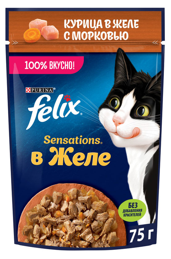 

Влажный корм для кошек Felix Sensations курица в желе с морковью 75 г