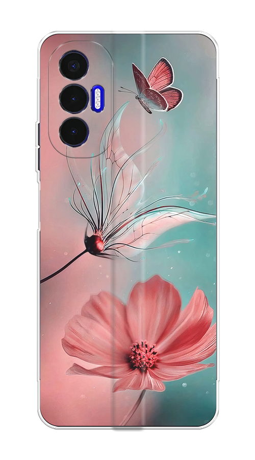 

Чехол на Tecno Pova 3 "Бабочка и цветок", Голубой;розовый, 301550-1