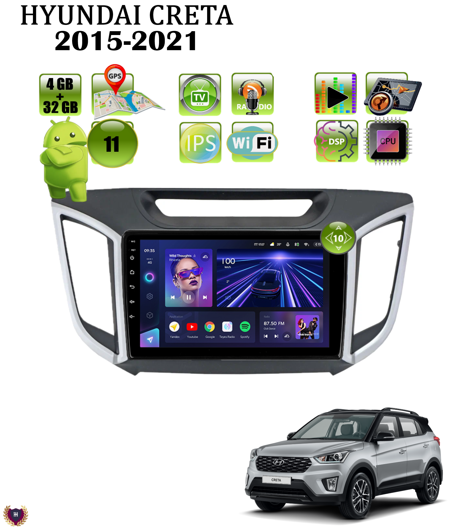 Автомагнитола для Hyundai Creta (2015-2021), Android 11, 4/32 GB, GPS, Bluetooth, WiFi