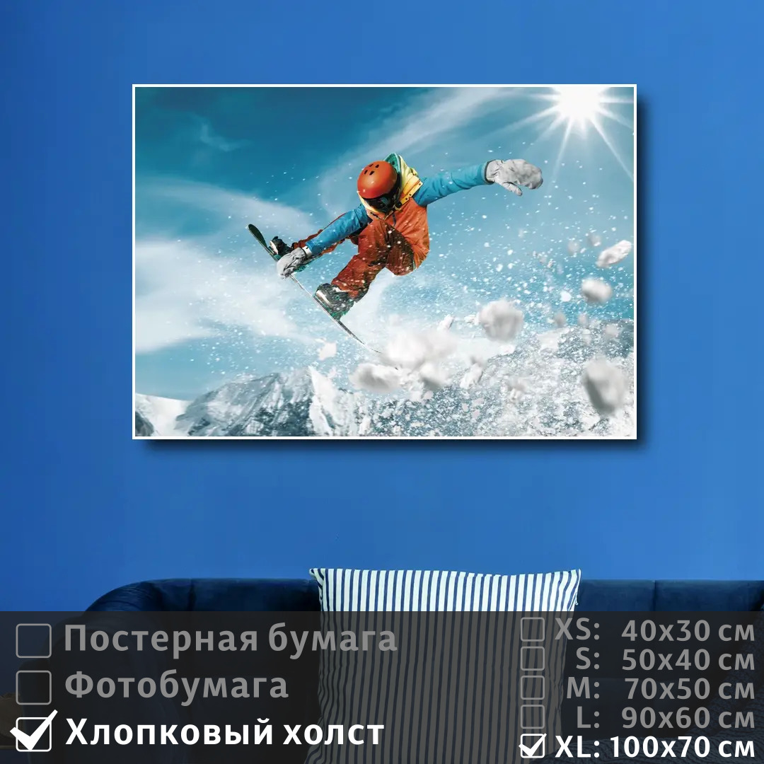 

Постер на холсте ПолиЦентр Сноубордист в полете 100х70 см, СноубордистВПолете1