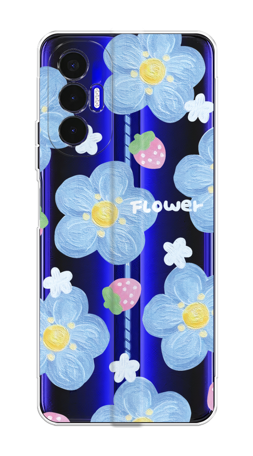

Чехол на Tecno Pova 3 "Цветы и клубники", Прозрачный;голубой;белый, 301550-1