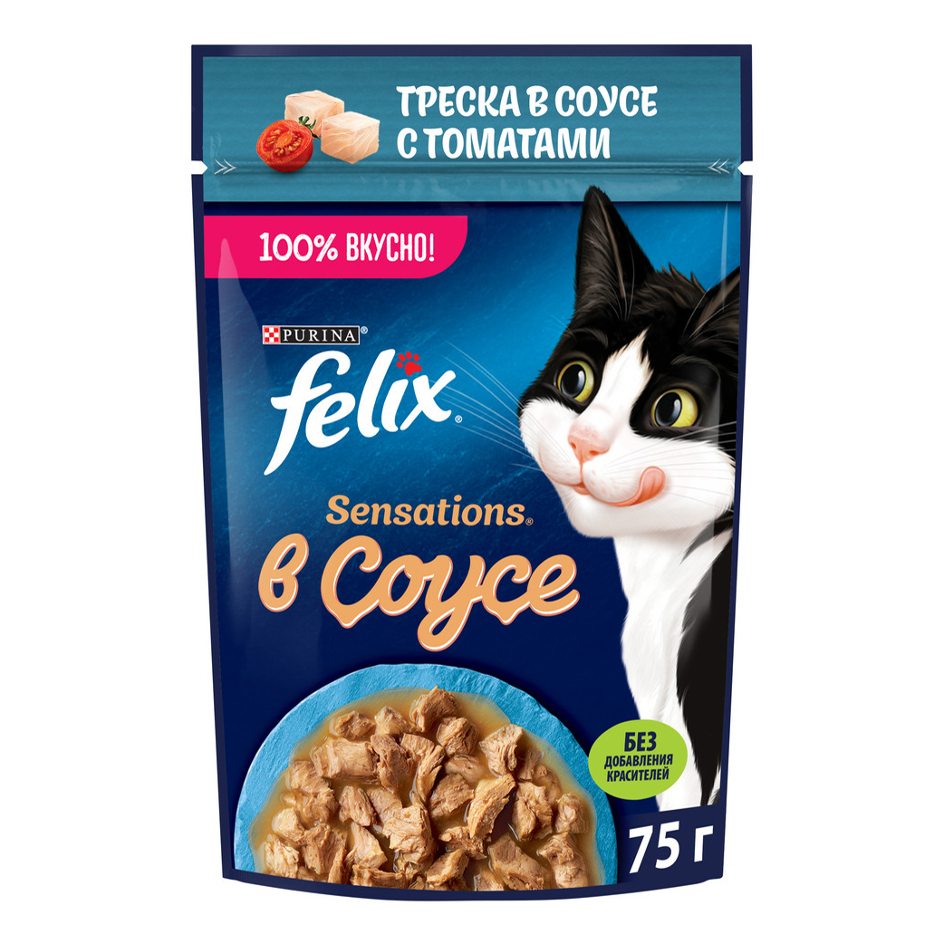 

Влажный корм для кошек Felix Sensations треска в соусе с томатами 75 г