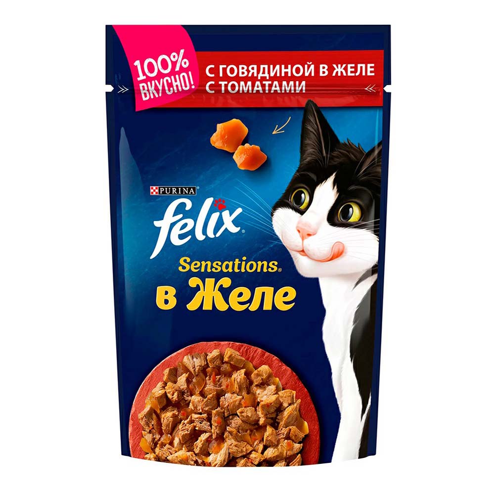 Влажный корм для кошек Felix Sensations с говядиной в желе с томатами 85 г