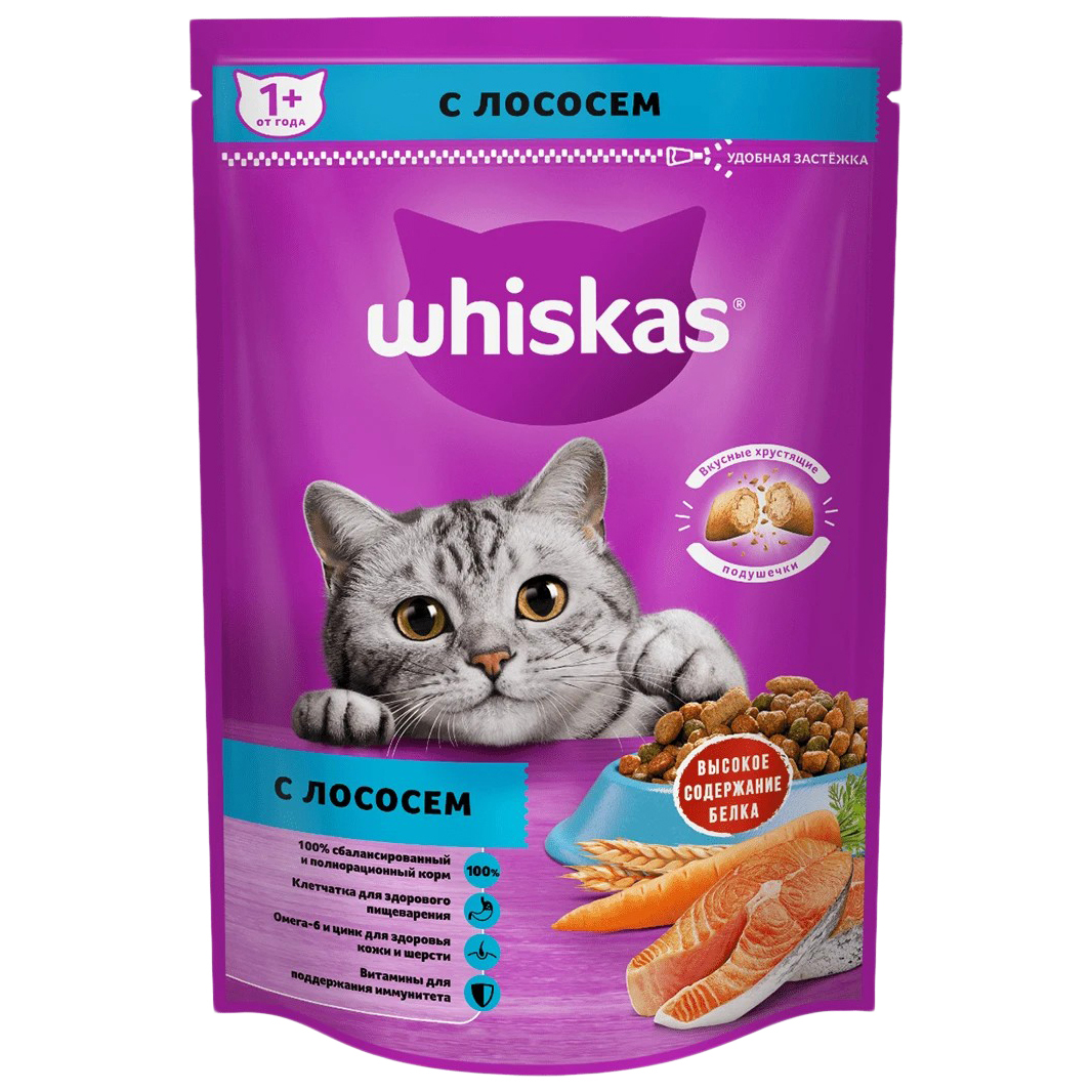 Сухой корм для кошек Whiskas Вкусные подушечки с нежным паштетом с лососем 350 г