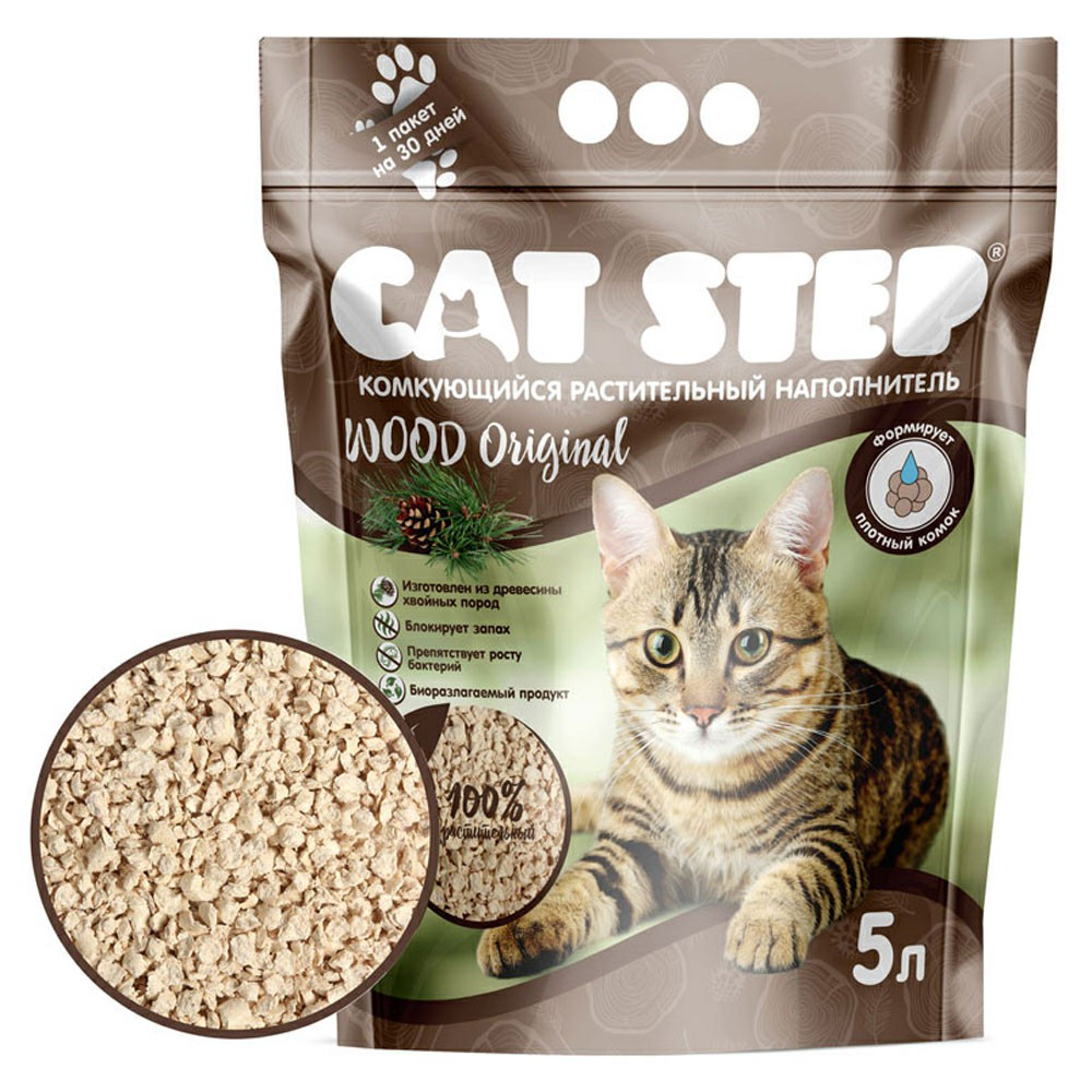 

Комкующийся наполнитель Cat Step Wood Original древесный, 5 л