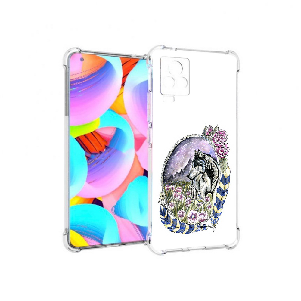 

Чехол MyPads Tocco для Vivo IQOO 7 нарисованный волк в цветах с перьями, Прозрачный, Tocco