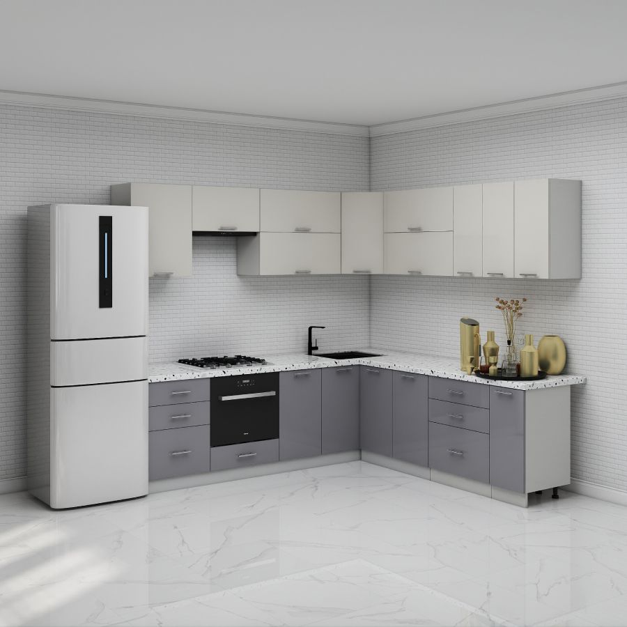 

Кухонный гарнитур Карандаш Ксения угловой 2,5 х 2,3 м, МДФ ваниль глянец, серый глянец, Ксения