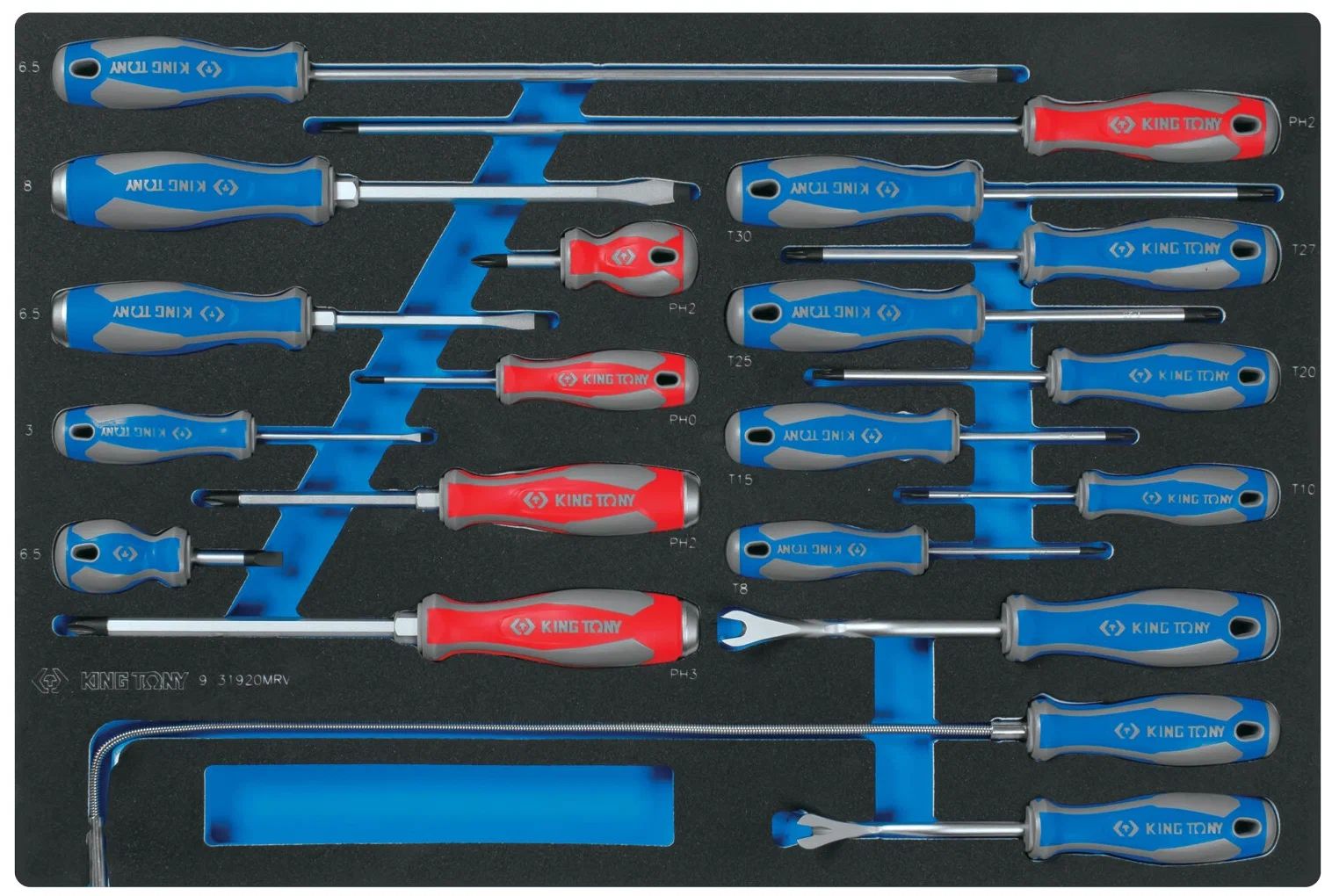 фото King tony 9-31920mrv набор отверток, съемник клипс и гибкий магнит, ложемент, 20 предметов