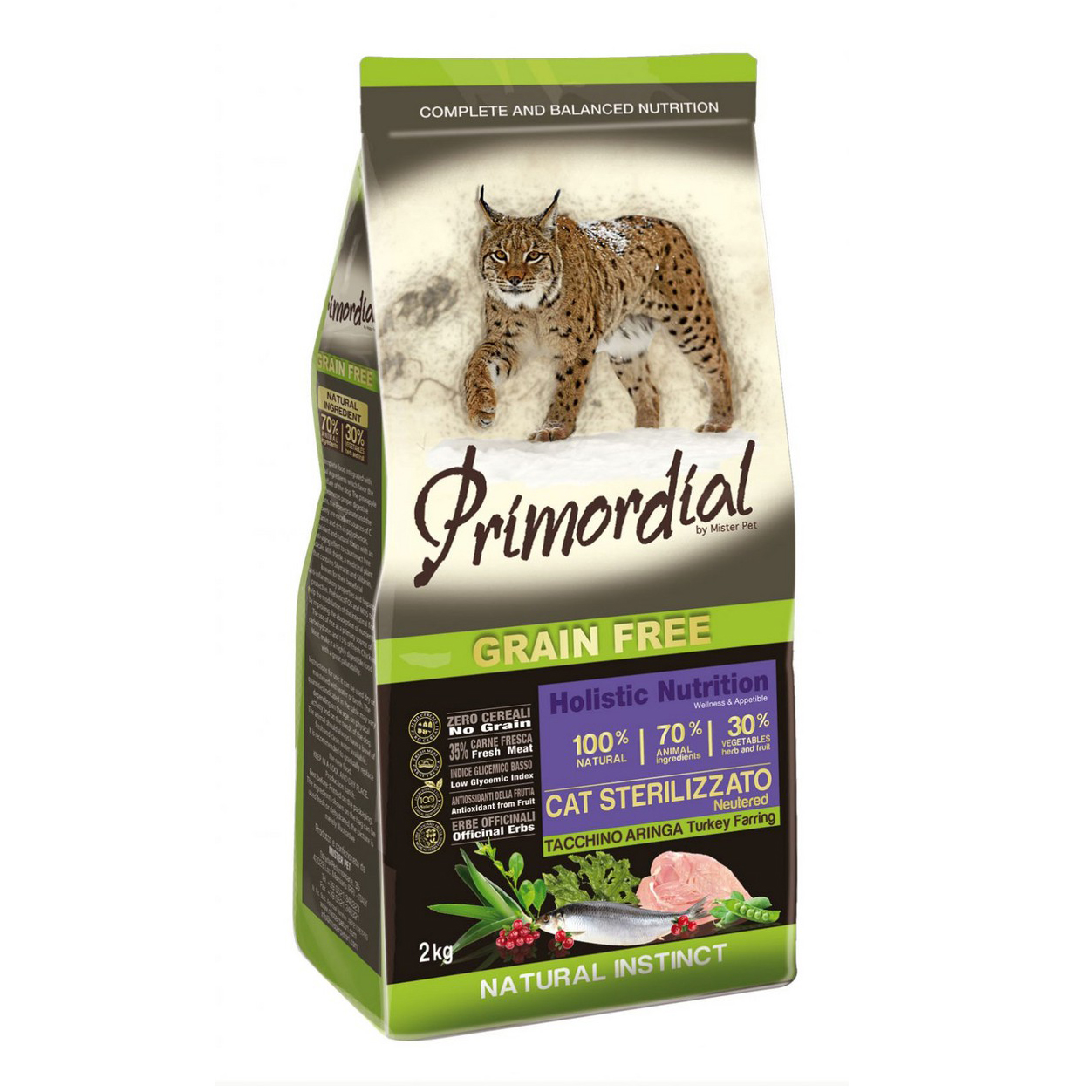Сухой корм для кошек Primordial для стерилизованых беззерновой индейка и сельдь 2 кг