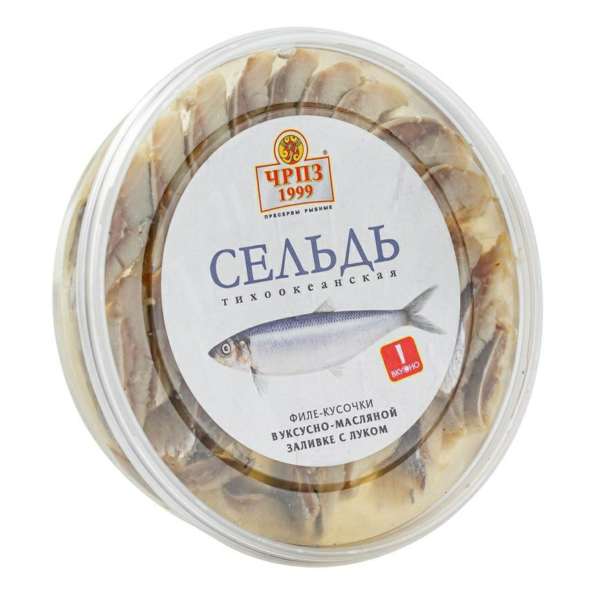 

Сельдь соленая ЧРПЗ1999 тихоокеанская кусочки филе в уксусно-масляной заливке с луком 330г
