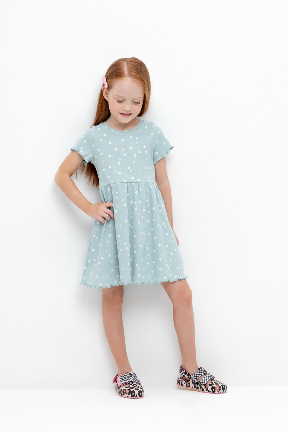 Платье детское CROCKID М 3546, голубой, белые цветочки, 140