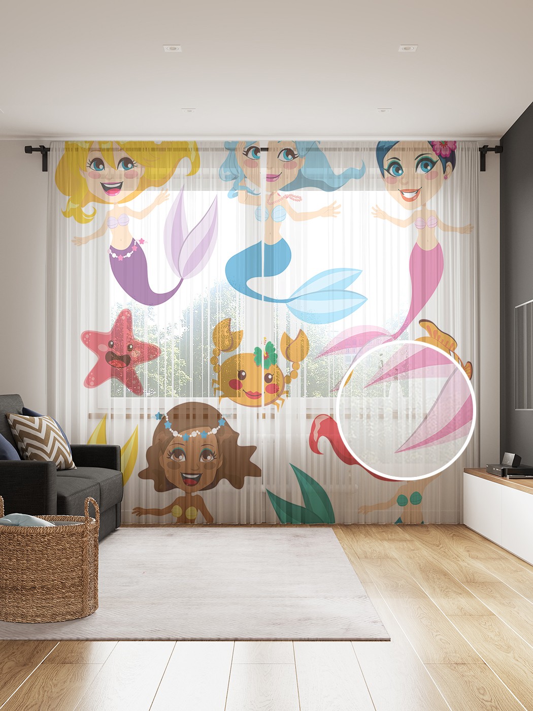 

Фототюль JoyArty "Веселые русалки", 145x265см (2 полотна со шторной лентой + 50 крючков), Веселые русалки