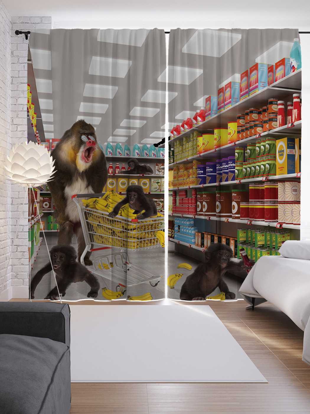 фото Шторы joyarty с фотопечатью "обезьяны в магазине" из сатена, 290х265 см
