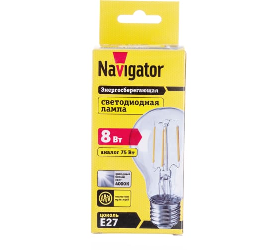 

Лампа светодиодная Navigator 61 345 NLL-F, 8 Вт, груша E27, 4000К, NLL-F-A60 филамент