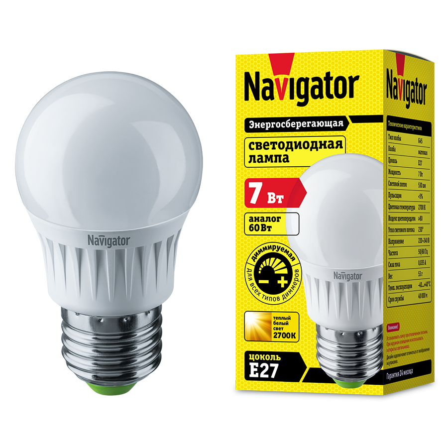 

Лампа светодиодная диммируемая Navigator 94 377, 7 Вт, шар Е27, теплый свет 2700К, 1 шт., NLL-G45-7-230-2.7K-E27-DIMM