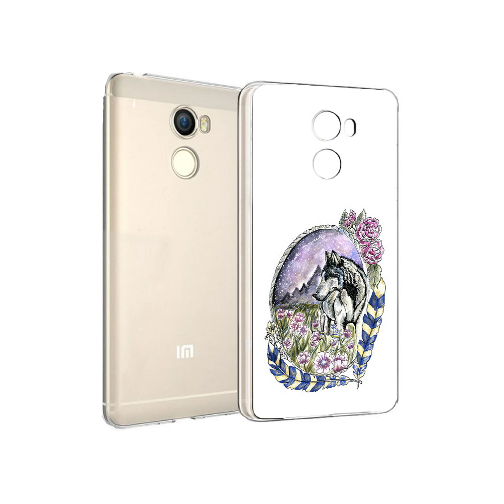 

Чехол MyPads Tocco для Xiaomi Redmi 4 нарисованный волк в цветах с перьями, Прозрачный, Tocco