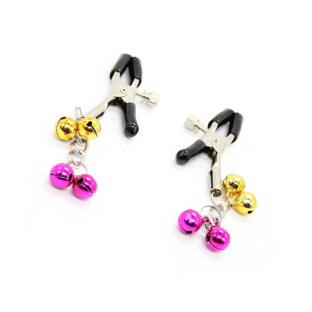 Зажимы для сосков KISSEXPO серебристо-черные с бубенчиками желтыми и розовыми