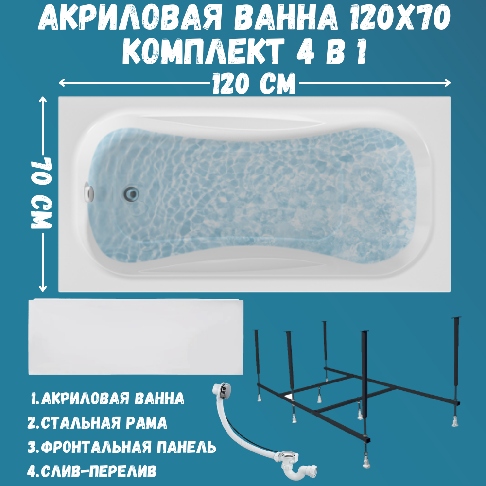 

Ванна акриловая 1MARKA CLASSIC 120х70 набор 4в1: ванна, панель, каркас, слив 01кл1270Акп, Белый, CLASSIC