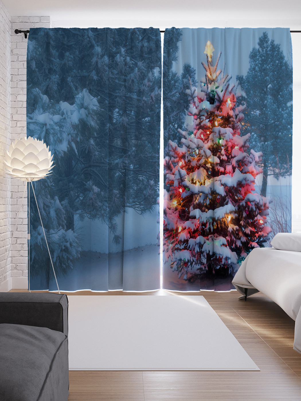 

Шторы JoyArty с фотопечатью "Украшенная дикая ель" из сатена, 290х265 см, Украшенная дикая ель