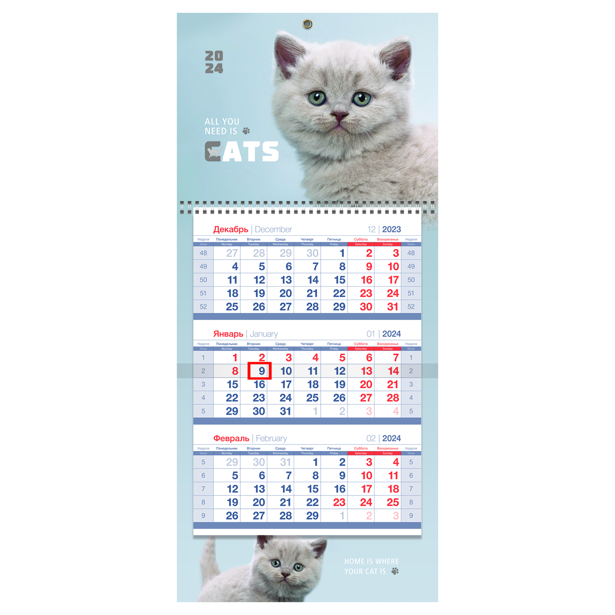Календарь квартальный OfficeSpace Mini premium Пушистый котенок с бегунком 2024г 3шт