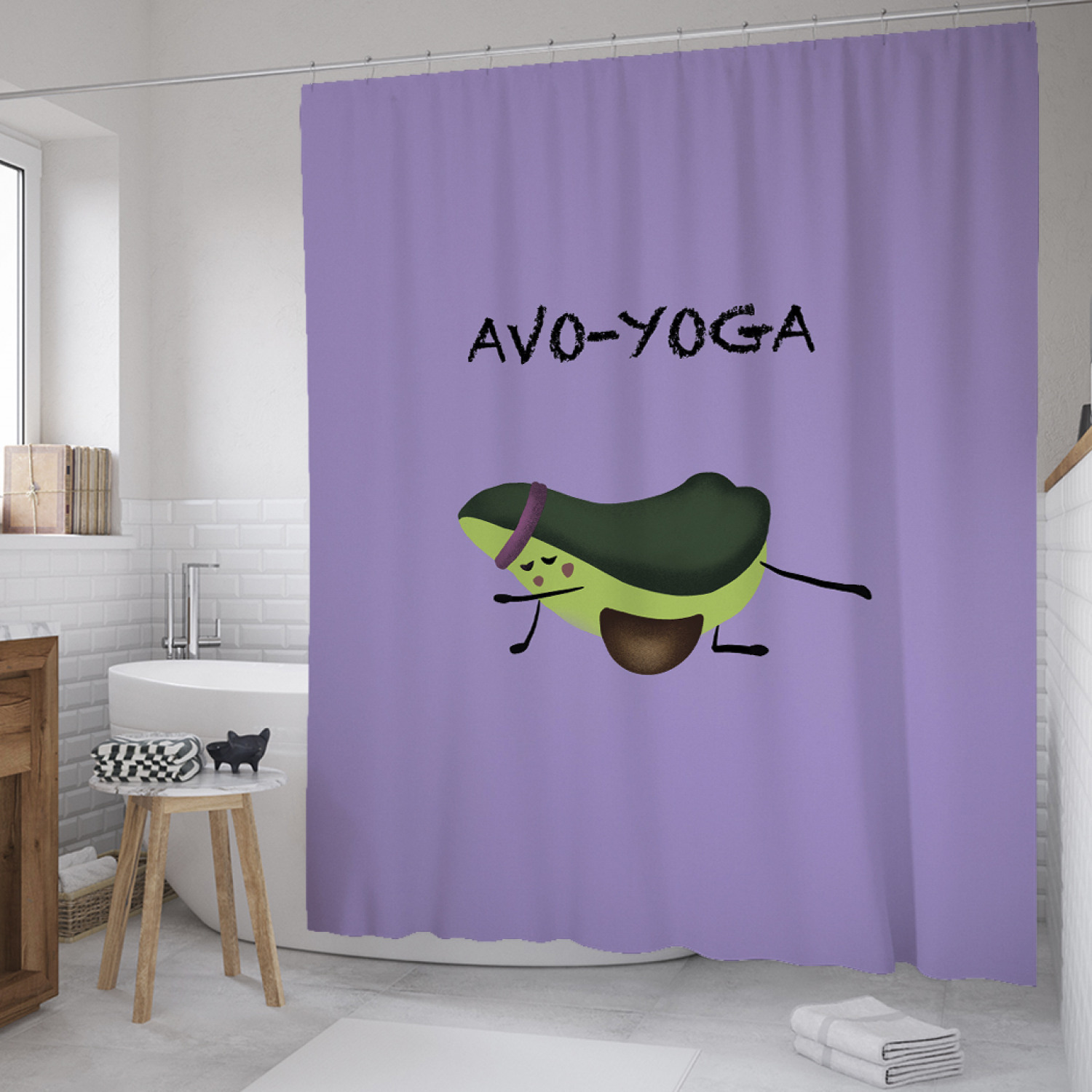 фото Штора для ванной joyarty "авокадо на йоге" из сатена, 180х200 см с крючками