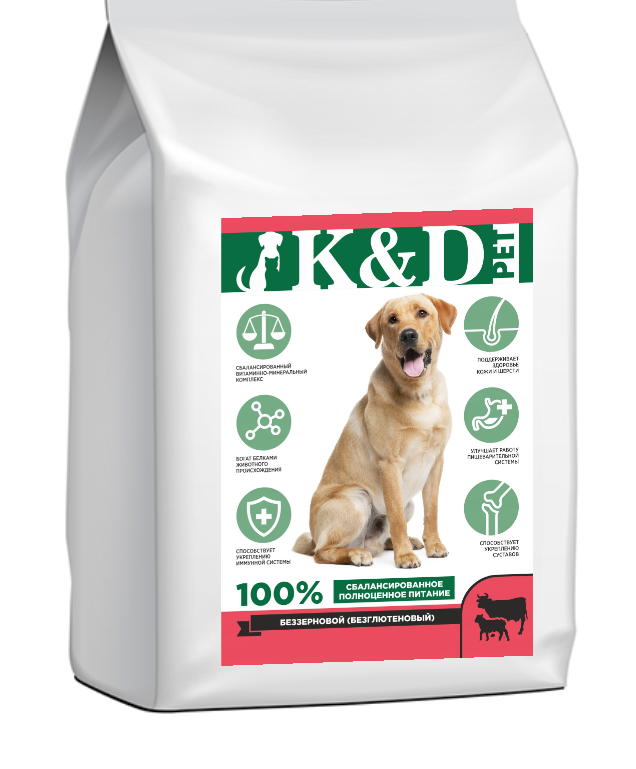 Сухой корм для собак K&D pet, для средних и крупных пород, беззерновой, 3 вида мяса, 16 кг