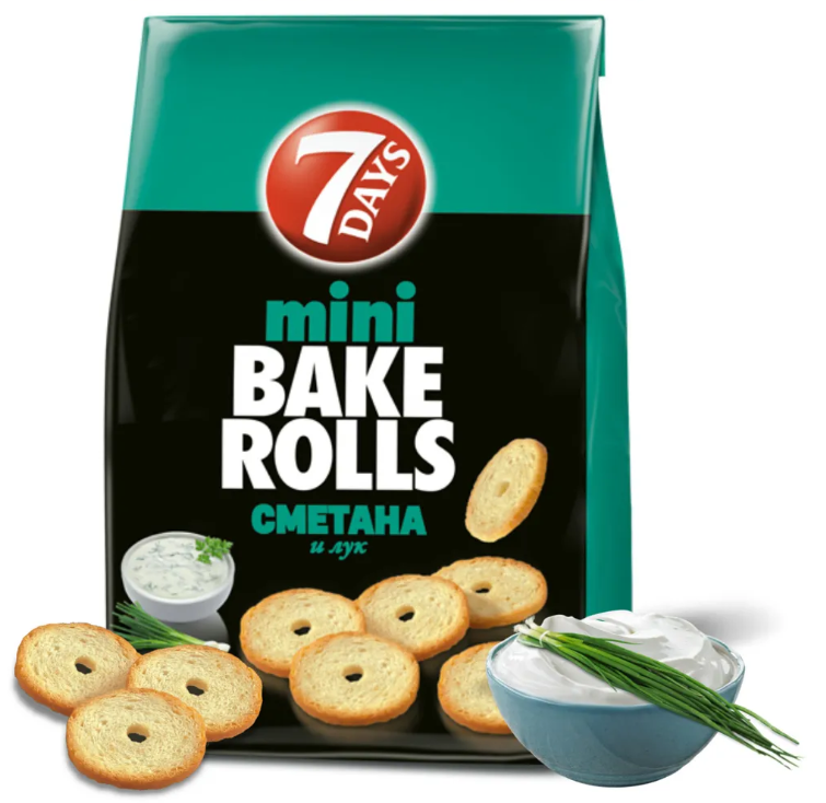 Мини-сухарики 7DAYS Bake Rolls, со вкусом сметаны и луком, 12 шт по 80 г