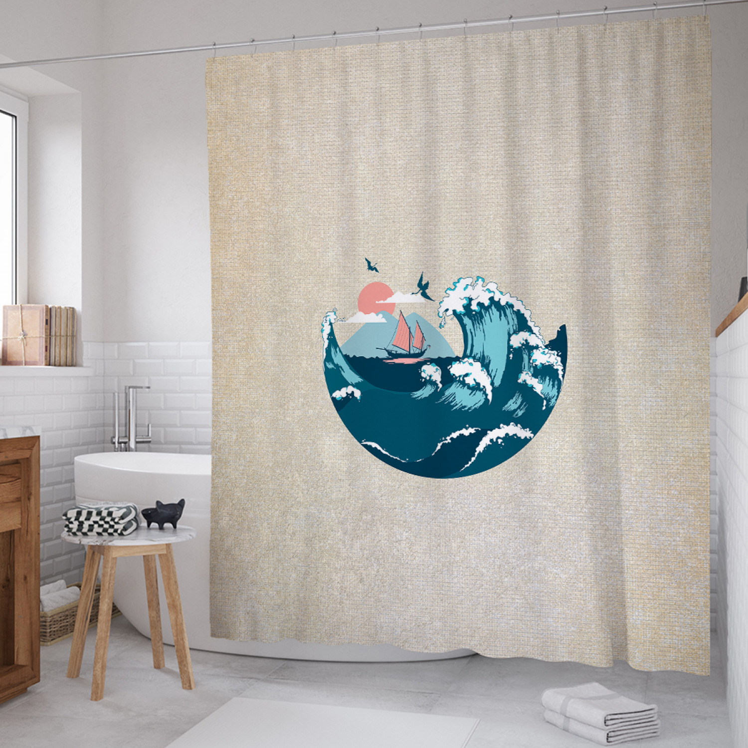 

Штора для ванной JoyArty "Морской сюжет в полукруге" из сатена, 180х200 см с крючками, Бежевый, Морской сюжет в полукруге