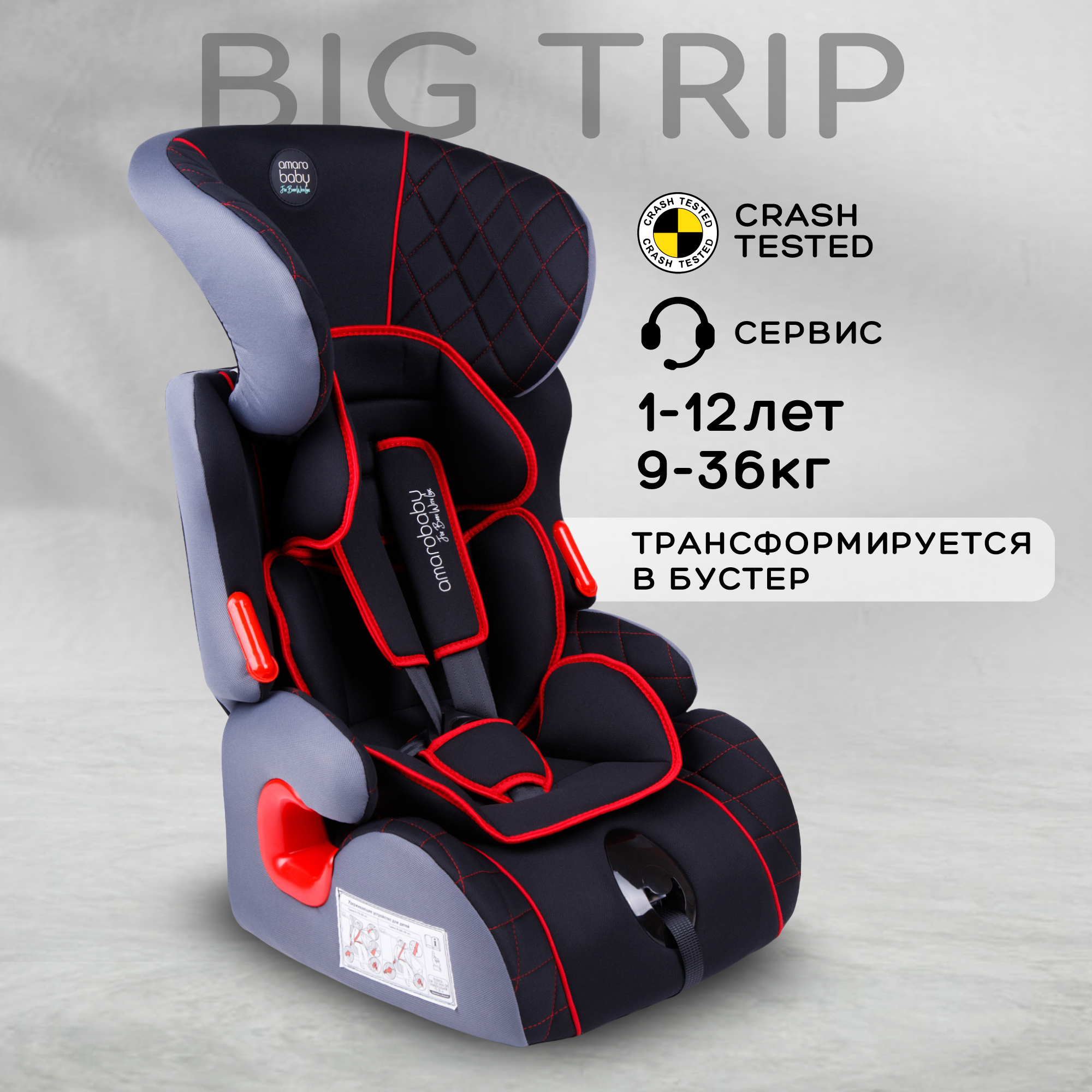 Автокресло-бустер детское AMAROBABY Big trip, I/II/III, 1-12 лет, 0-36 кг