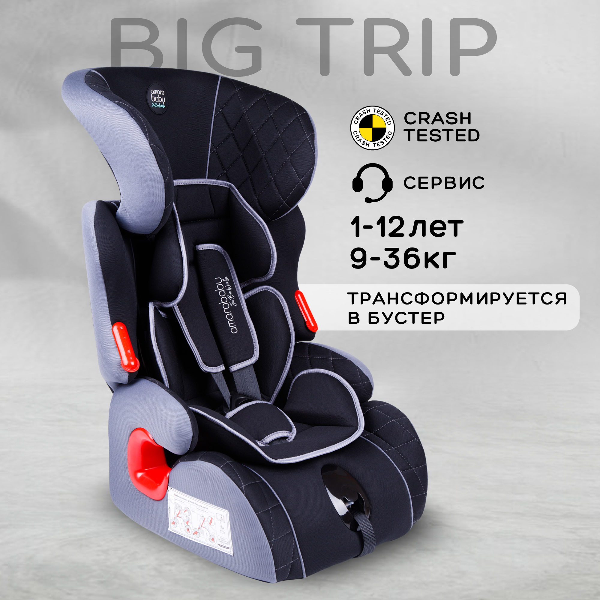 Автокресло-бустер детское AMAROBABY Big trip, I/II/III, 1-12 лет, 0-36 кг