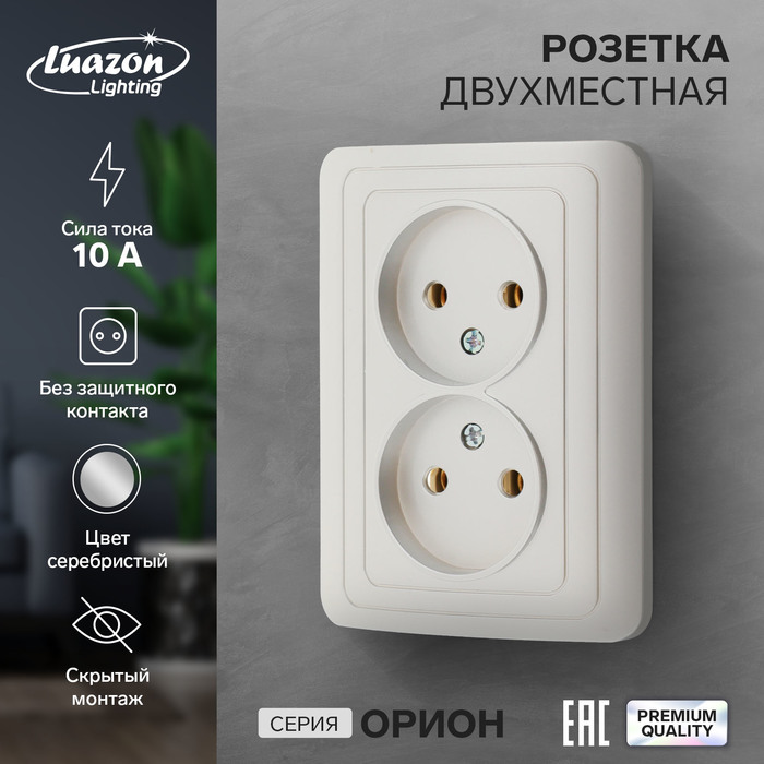 Розетка двухместная Luazon Lighting Орион, 10 А, скрытая, без з/к, серебристая