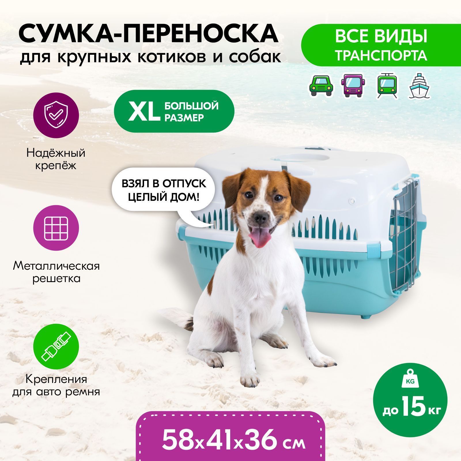 Переноска для животных PetTails пластик с металлической дверцей, бирюзово-белая, 58x41x36