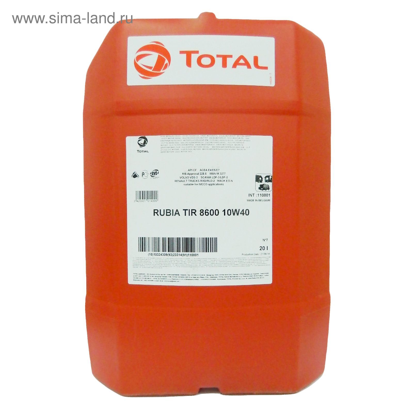 

Моторное масло TOTAL синтетическое RUBIA TIR 8600 10W40 TOT C RU 20л