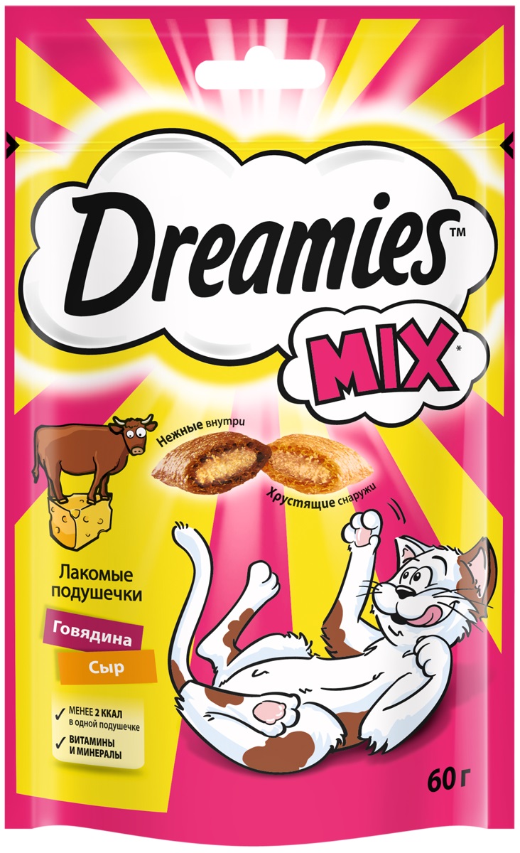 фото Лакомство для кошек dreamies mix, подушечки, с говядиной и сыром, 60г