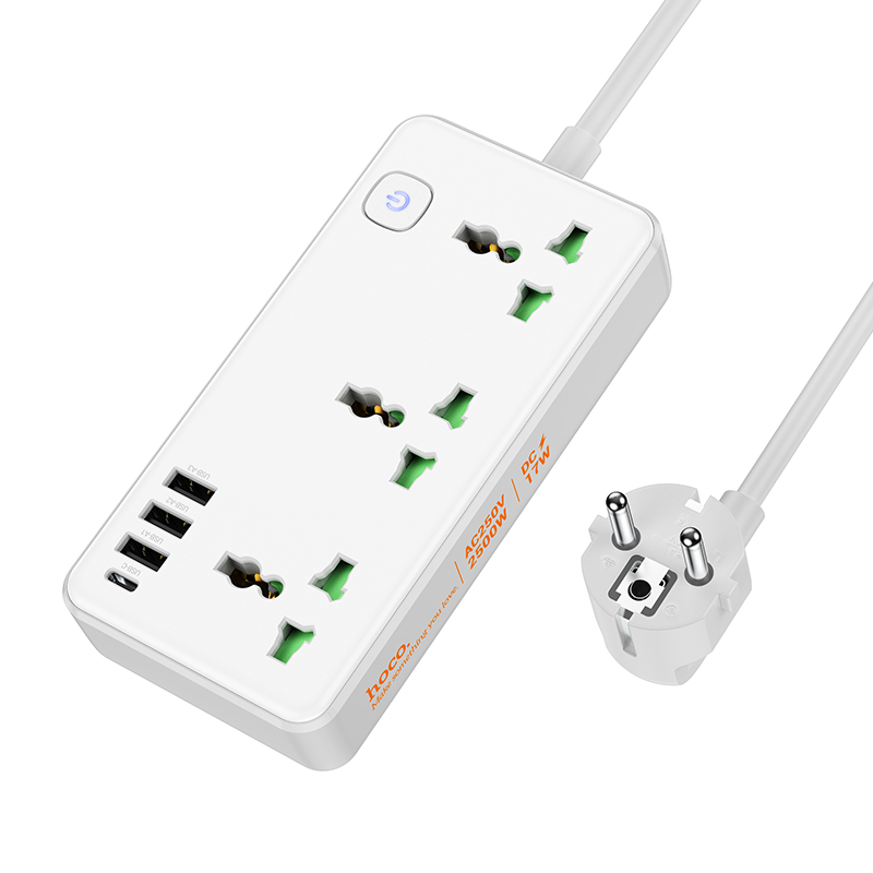 Сетевой фильтр HOCO на 3 розетки, 3 USB, 1 PD, 1.5м, AC7A, белый сетевой фильтр hoco ns3 1 socket pd 20w 2xusb qc3 0 18w