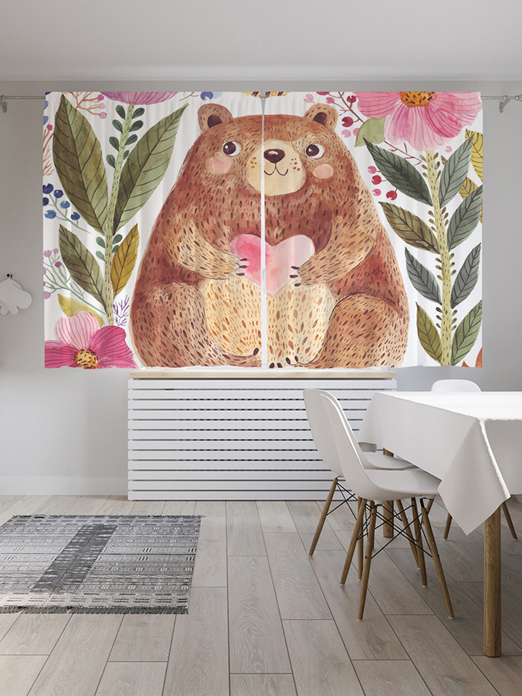 Шторы JoyArty с фотопечатью "Добрый медведь в цветах" из сатена, 290х180 см