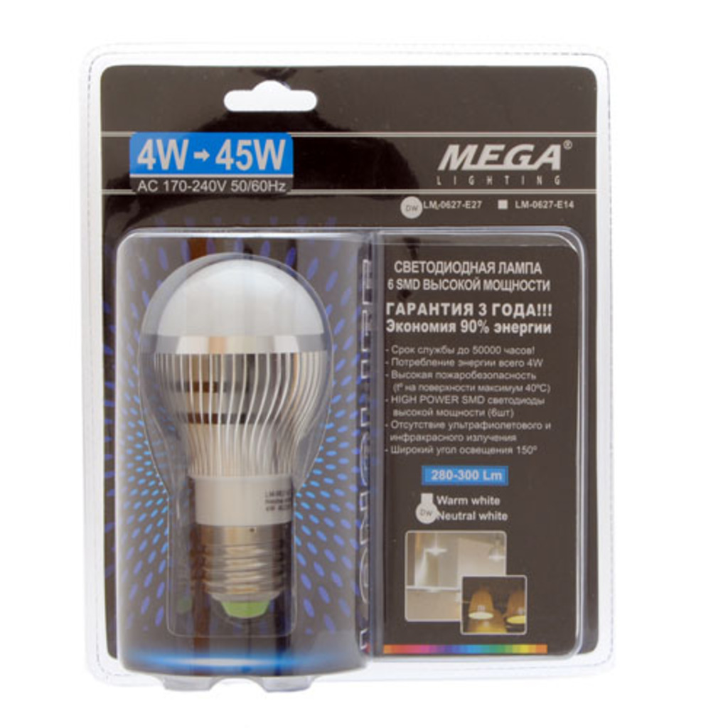 Лампа светодиодная E27 G45 4W(45W) 220V холодный MEGA LIGHTING LM-0627NW-E27