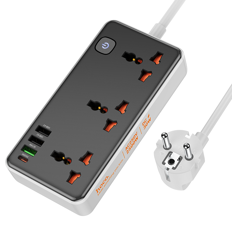 фото Сетевой фильтр hoco на 3 розетки, 1 usb (18w qc) + 2 usb, 1 pd (30w), 1.5м, ac8a, черный