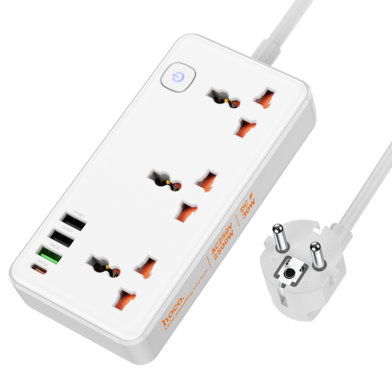 Сетевой фильтр HOCO на 3 розетки, 1 USB (18W QC) + 2 USB, 1 PD (30W), 1.5м, AC8A, белый сетевой фильтр питания hoco ns1 4 розетки 2 usb a usb c pd 20w fast charger белый