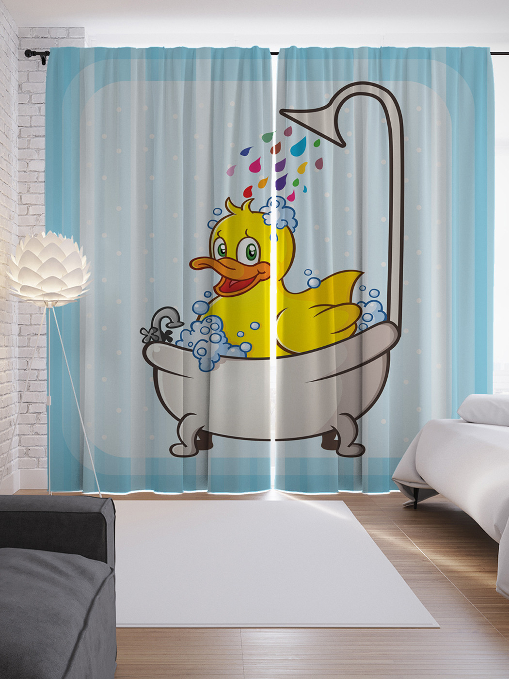 

Шторы JoyArty с фотопечатью "Счастливая утка" из сатена, 290х265 см, Счастливая утка