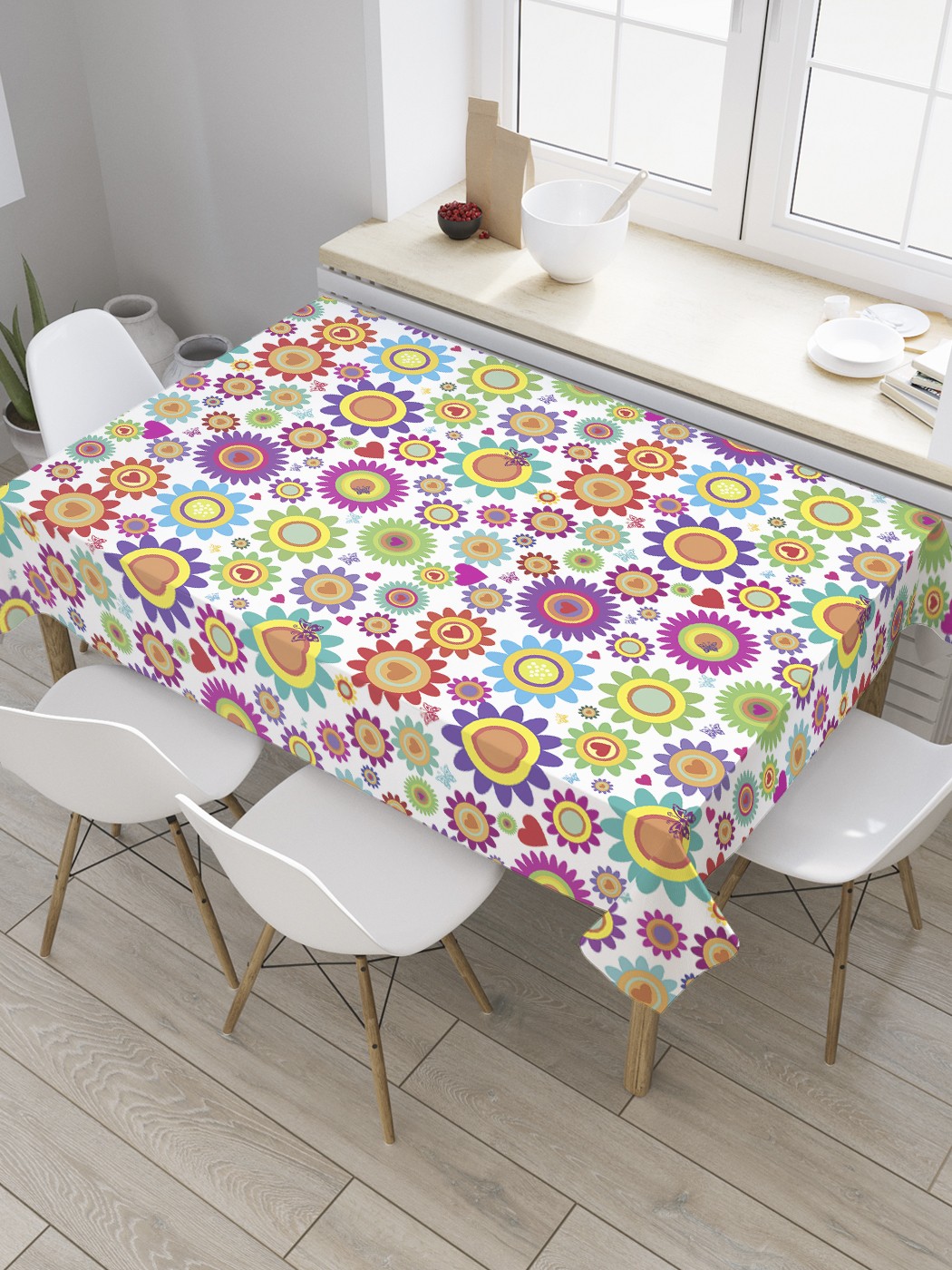 фото Скатерть прямоугольная joyarty на кухонный стол "цветочные диски" из оксфорда, 180x145 см
