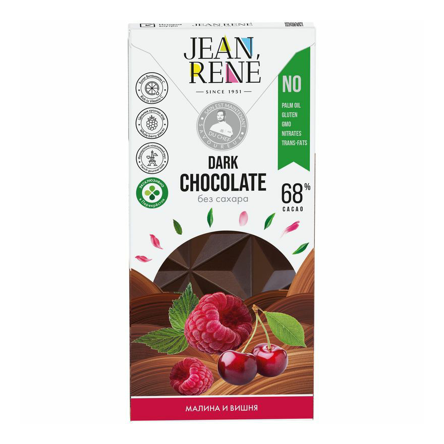 Шоколад Jean Rene темный вишня-малина без сахара 68% 80 г