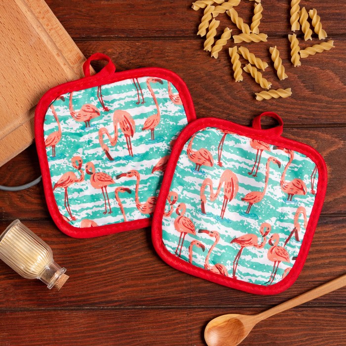 

Кухонный набор (2 предмета) Доляна «Фламинго», цвет зеленый, прихватка 16х16 см - 2 шт, 10, Доляна: Flamingo