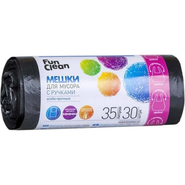 

Мешки для мусора "Особо прочные" 35 л, 30 шт, черные, с ручками, ролик Fun Clean 7499