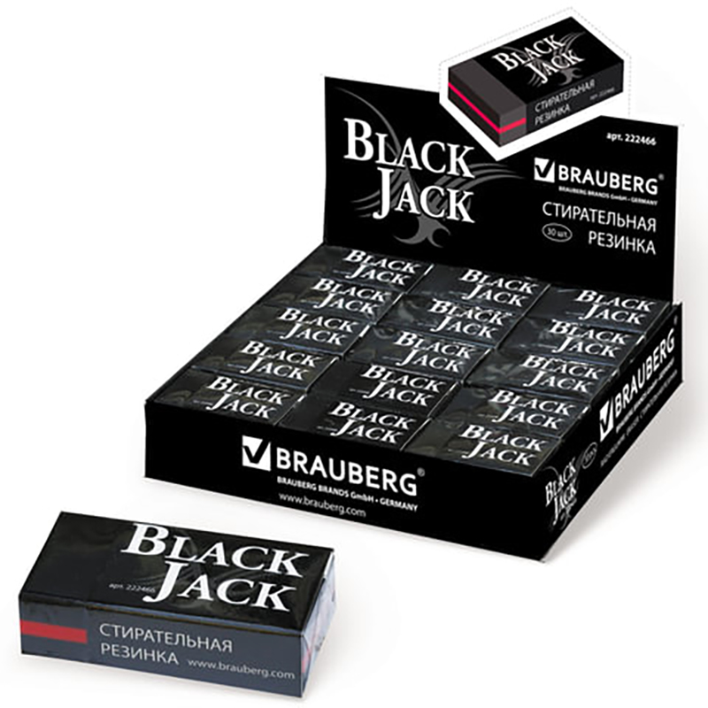 фото Ластик brauberg blackjack, 40х20х11 мм, черный, прямоугольный картонный держатель 222466